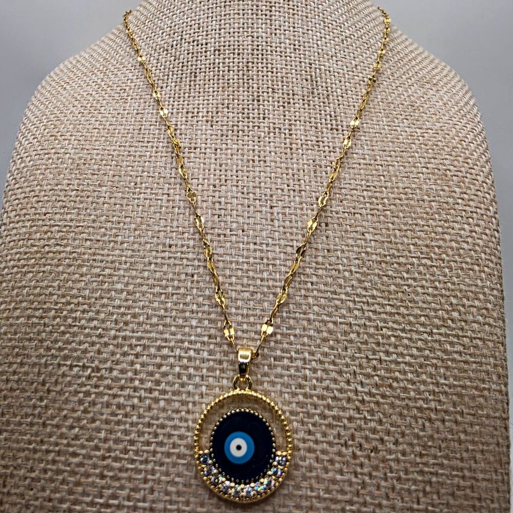 18K Gold Plated Evil Eye Pendant Necklace Blue Nazar Cubic Zirconia CZ